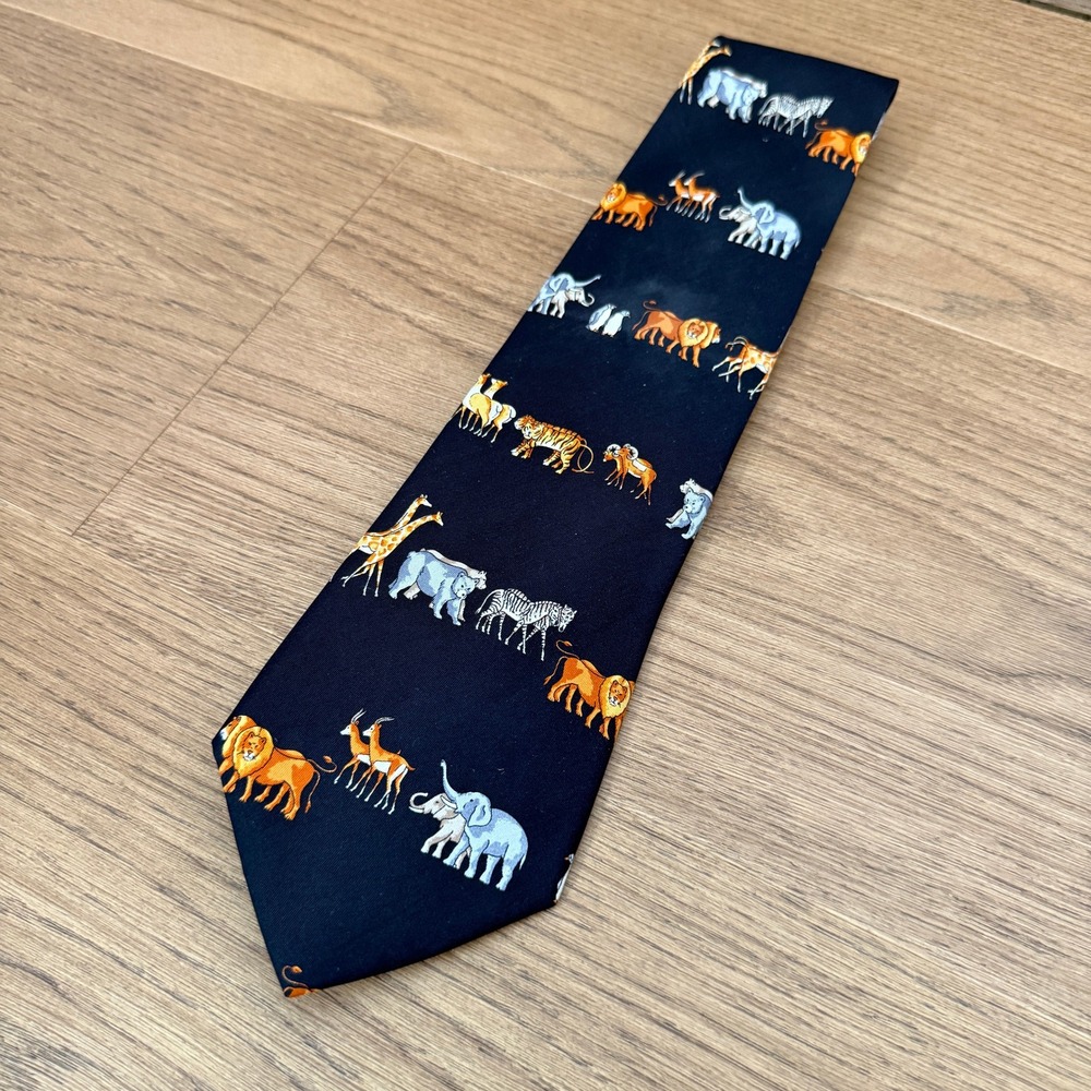 Bullock and Jones Mens Navy Silk Safari Animal Print Tie Lion Elephant Giraffe